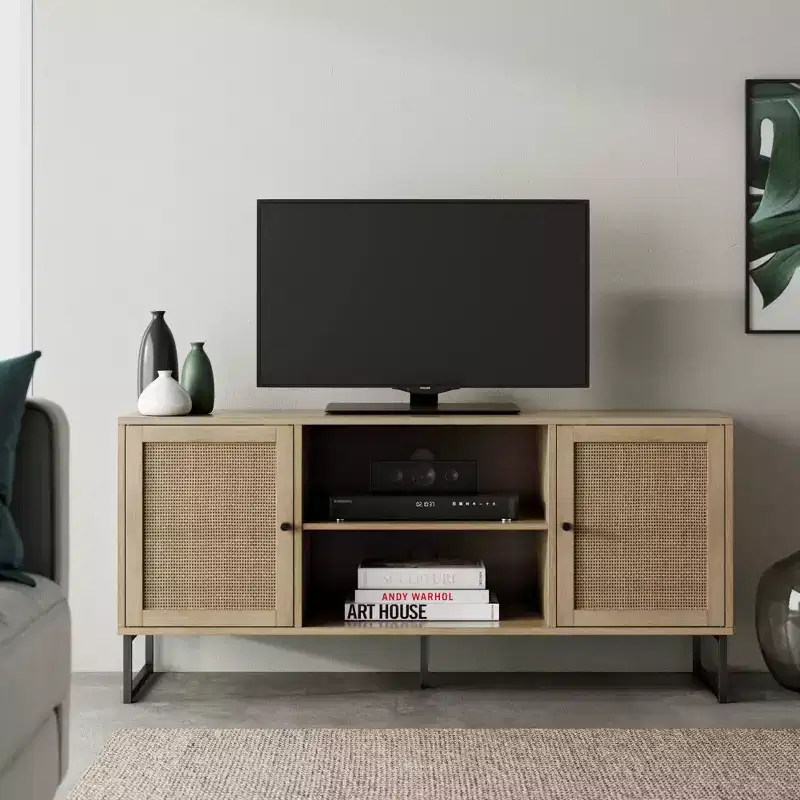 Nathan James 47 Mina Rattan and Wood 2 Door TV Cabinet for TVs up to 59 Light Oak/Matte Black: Media Console with Storage