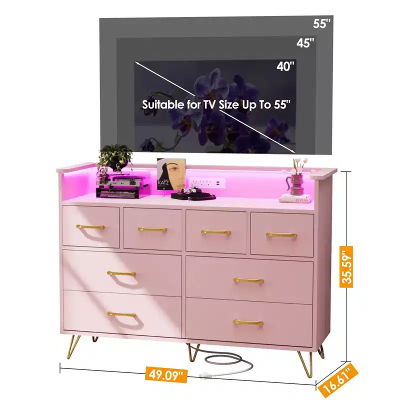 8-Drawer Dresser with Power Outlet, LED Lights & Gold Handles, Modern Wood Chest, White