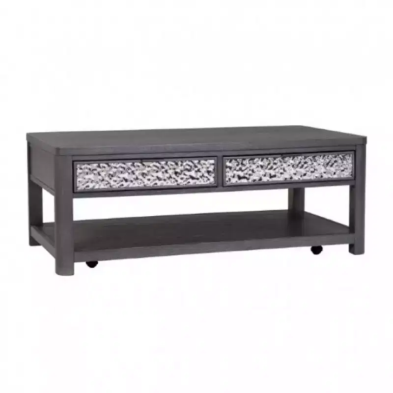 Royal Hampton 48 Inch Coffee Table, Caster Wheels, Drawers, Ash Gray Rubberwood