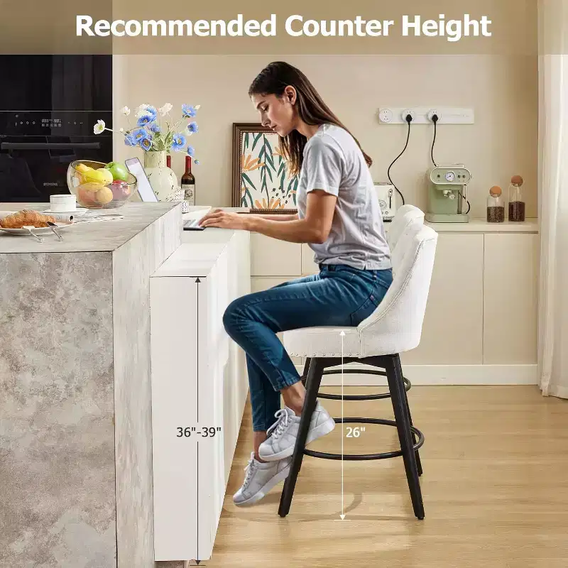 Modern Swivel Bar Stools Set of 2, Upholstered, Footrest, Backrest and Metal Legs, Modern Counter Height Barstools for Bar, Kitchen Island