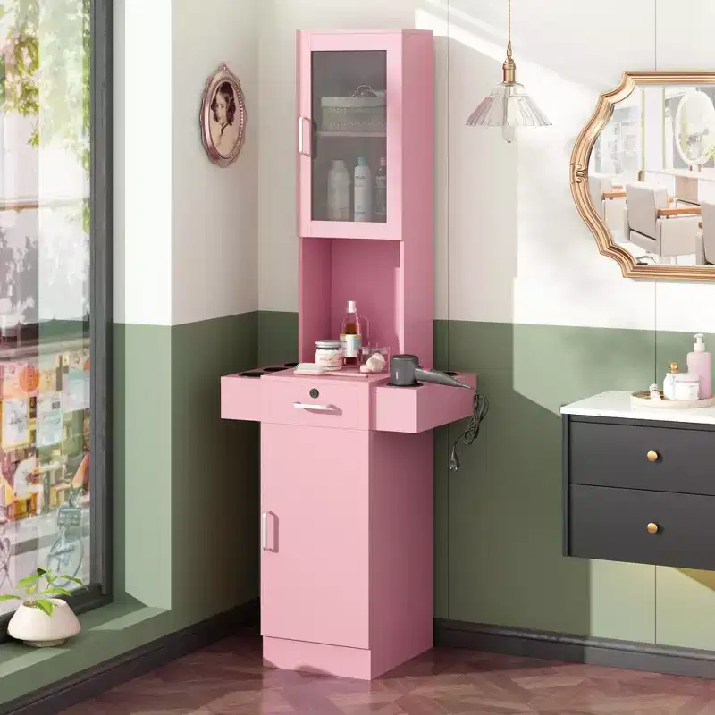 Salon Station for Hair Stylist - Hair Styling Storage Cabinet with Glass Door Pink