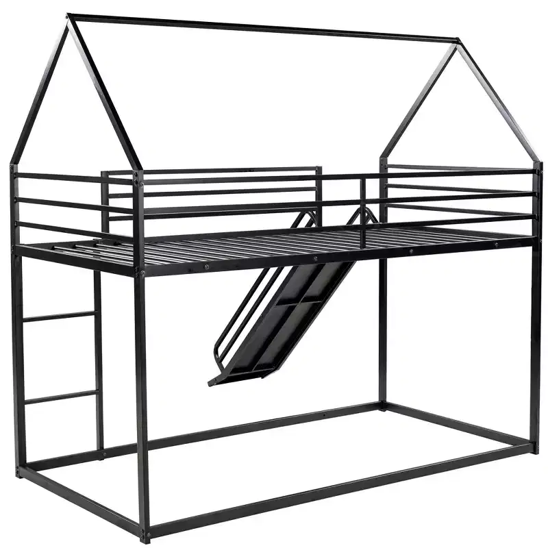 Twin over Twin Metal House Bunk Bed with Convertible Slide and Ladder