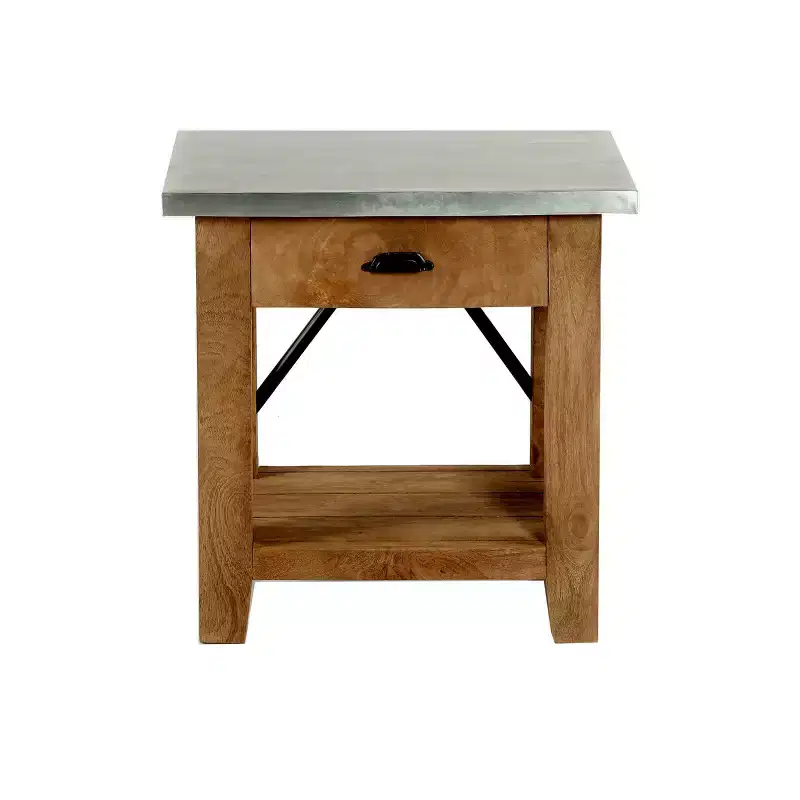 Industrial End Table with Drawer, Brown Hardwood Frame, Silver Zinc Metal Tabletop, 22