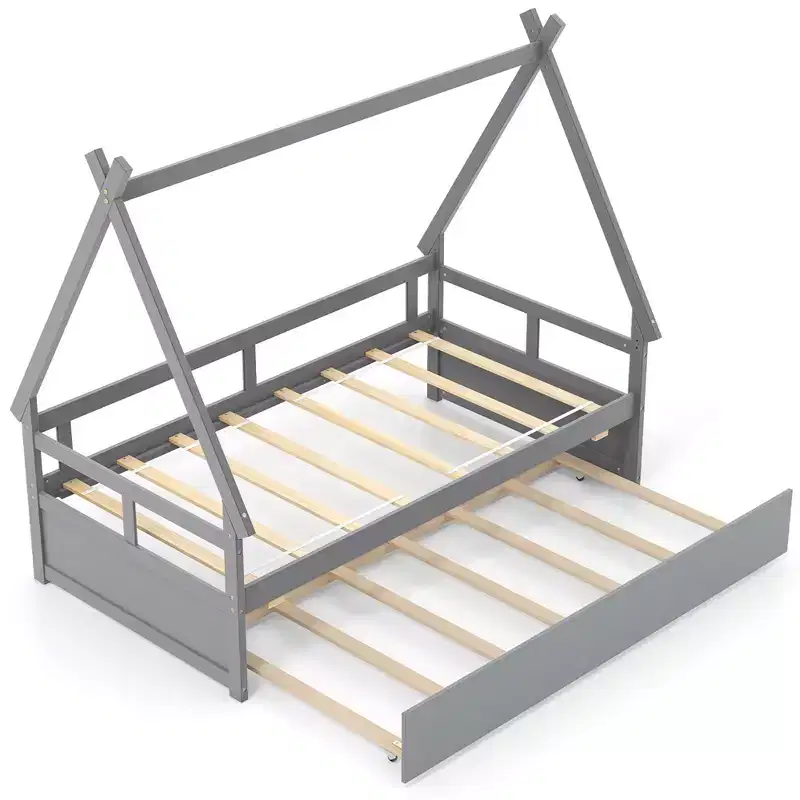 Twin Size House Bed with Trundle, Roof Frame & Safety Guardrail - Gray