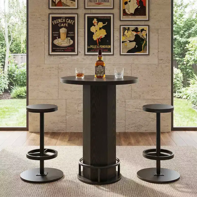 MAYEERTY 23.62 Round Modern Farmhouse Bistro Table Set with 2 Stools, Rustic MDF Top & Metal Pedestal Base, 37.8 Bar Height Table with Footrest