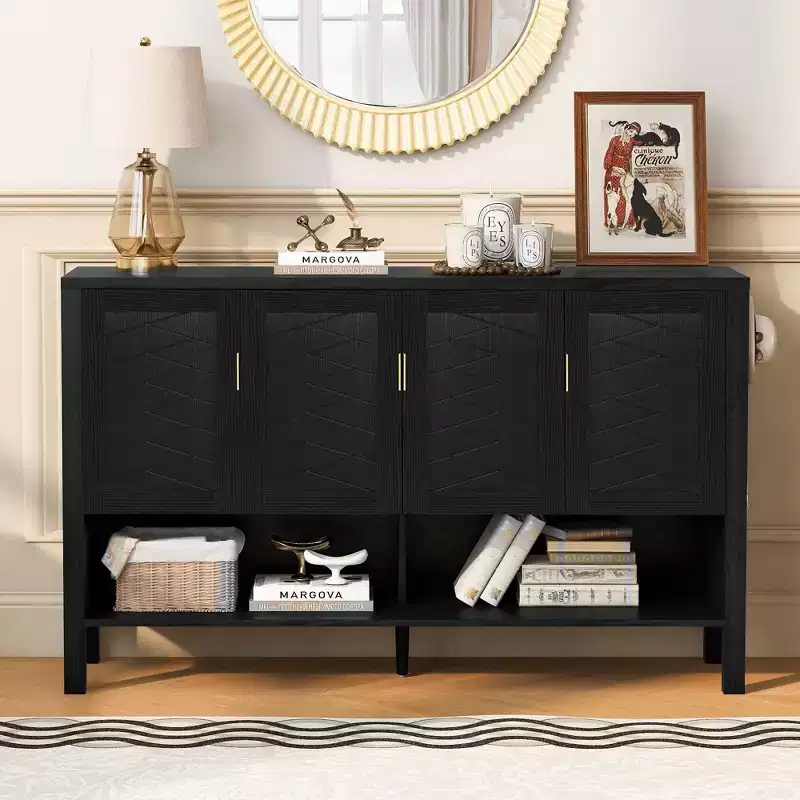 Modern Double Tiers 4-Door Sideboard Storage Cabinet for Dining Room, Living Room, Kitchen Pantry Cabinets with Open Shelves