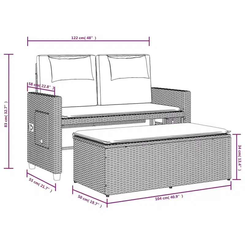 vidaXL Reclining Patio Bench with Cushions Seating Poly Rattan