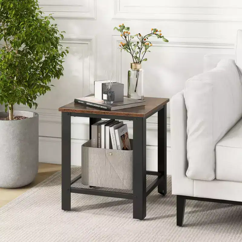 Costway 2 PCS Industrial End Table 2Tier Side Table with Storage Shelf Sofa Black