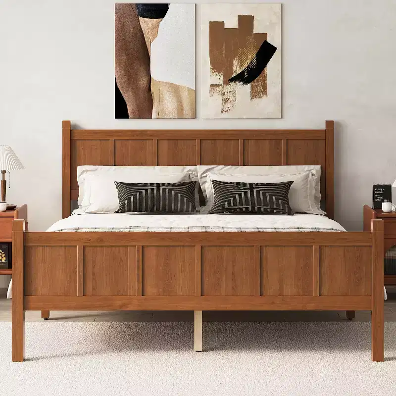 Queen Flat Panel Platform Bed with Headboard and Footboard, Wood Grain Shaker Farmhouse Bed Frame, Light Walnut