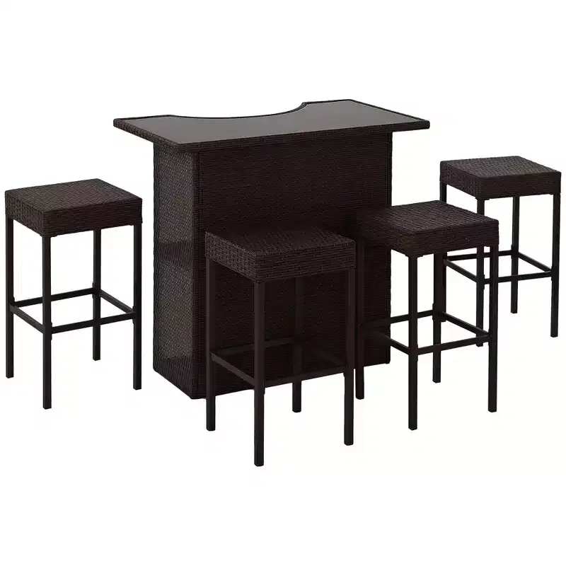 Outsunny 5 Pcs Rattan Wicker Bar Set, High Top Outdoor Table and Chairs with Glass Top, Storage Shelf, and 4 Bar Stools for Poolside