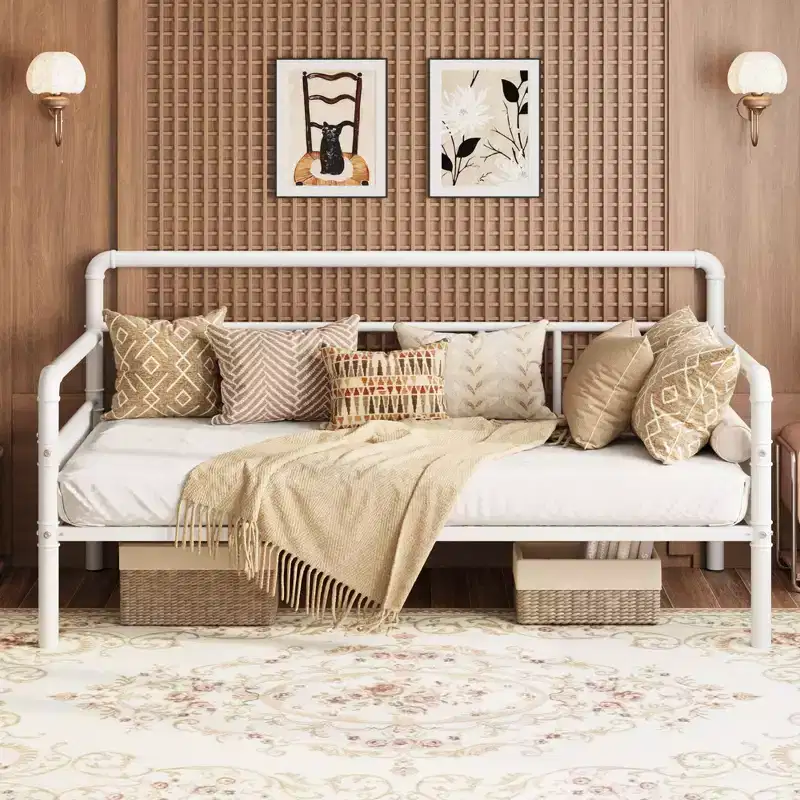 Twin Size Metal Daybed Frame with Wood Grain Headboard & Under-Bed Storage