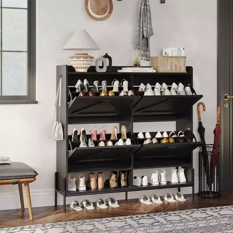 Shoe Cabinet with 4 Flip-Up Drawers Hidden Shoe Storage Cabinet with Open Storage for Entryway Hallway Bedroom Shoe Organizer Cabinet