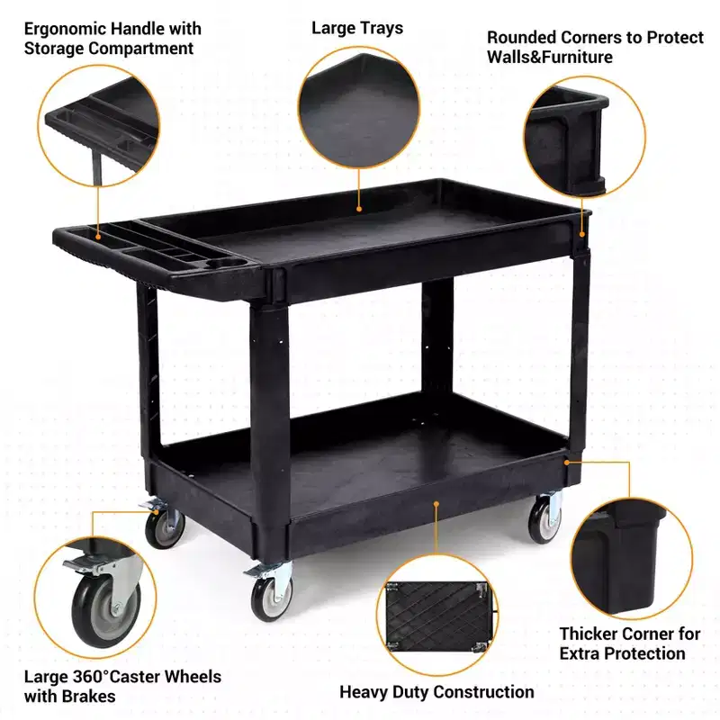 45 x 25-Inch 2-Tier Rolling Utility Cart with Lipped Shelves, 550 lbs Capacity, Heavy-Duty Wheels