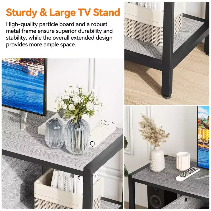 Industrial TV Stand for TVs up to 75 Inch, Entertainment Center with Push Open Doors, Farmhouse Console Table with Open Storage Shelves, 65.8 Inch, Rustic Brown