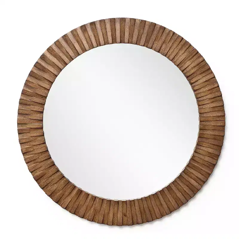 LuxenHome Rustic Oak Wood Textured Round Wall Mirror, 29 Decorative Home Accent Brown