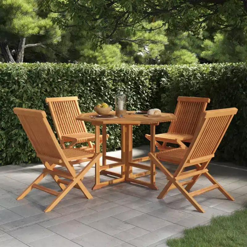 vidaXL 5-Piece Foldable Patio Dining Set - Solid Teak Wood - Weather Resistant Outdoor Furniture - Easy Assembly - Space Saving