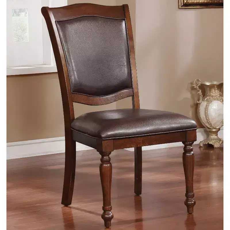 HOMES: Inside + Out Set of 2 Junipera Traditional Side Chairs Brown Cherry/Espresso : Faux Leather, Wood Frame
