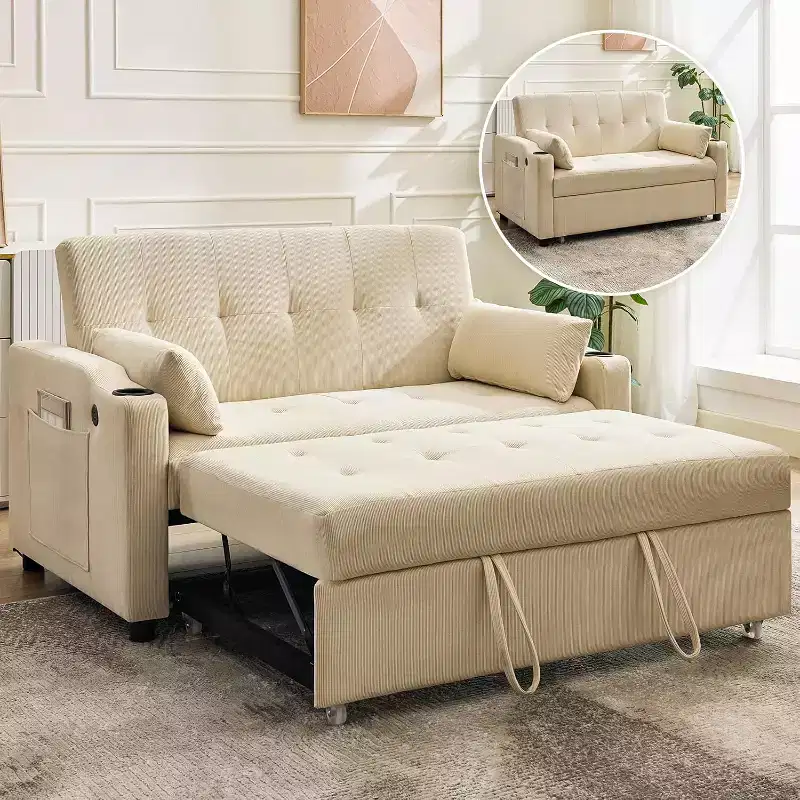 Convertible Sofa Bed, Corduroy Sleeper Loveseat with Pull-Out Bed, Adjustable Backrest and Side Pockets, Modern Upholstered Sofa for Home Office