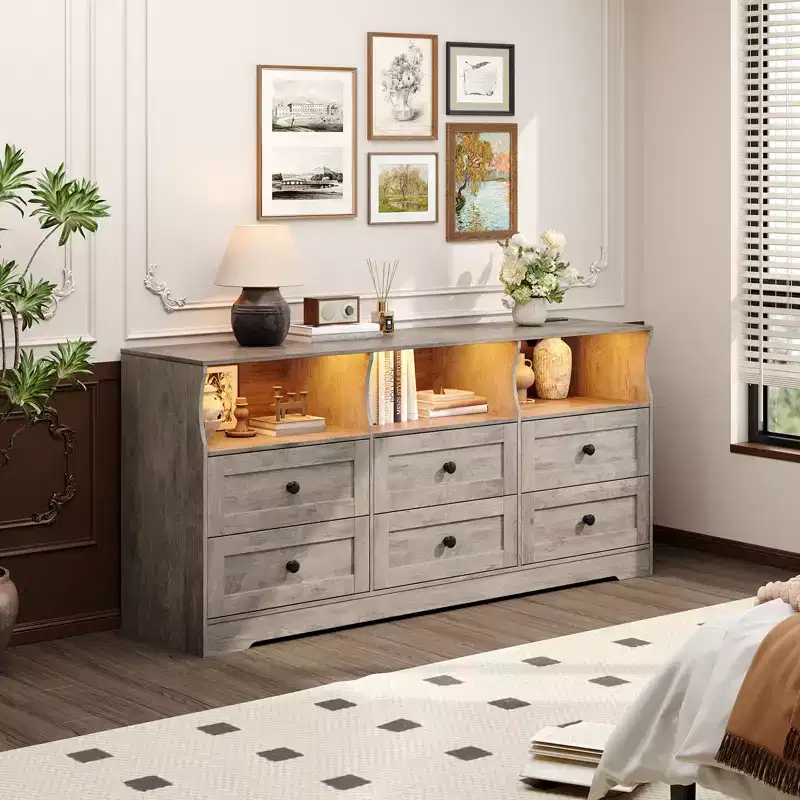 Wood 6-Drawer Dresser TV Stand with Power Outlet & Open Shelves 63''W