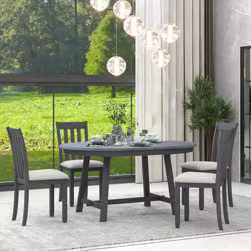Round Extendable Dining Table Set, 5 Pieces Wood Dining Table with 4 Chairs, Dining Room Table Set for 4 person for Dining Room