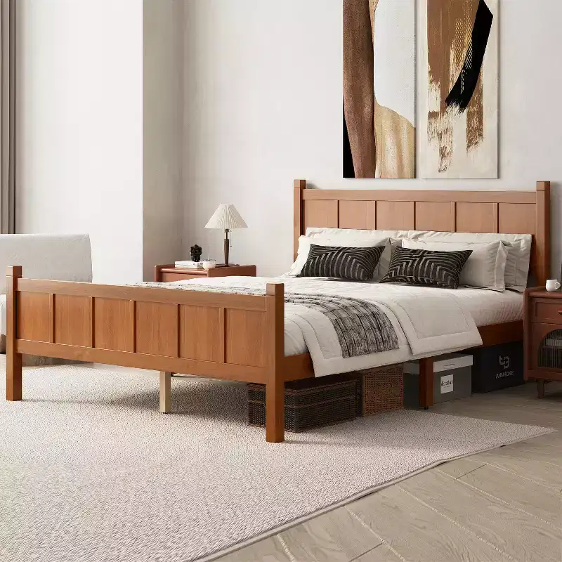 Queen Flat Panel Platform Bed with Headboard and Footboard, Wood Grain Shaker Farmhouse Bed Frame, Light Walnut
