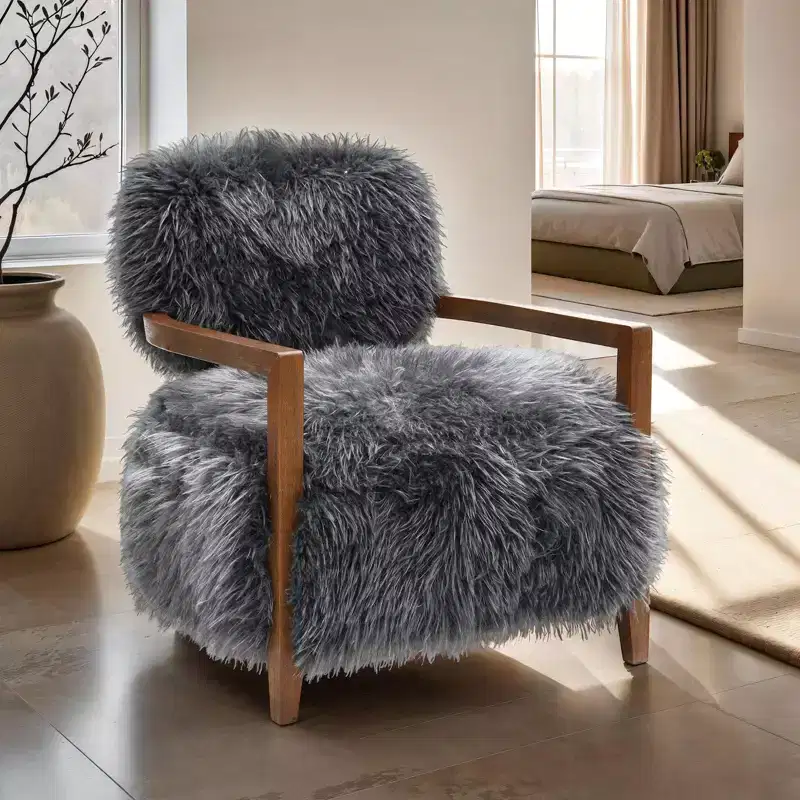 TUYOHW 28 Wide Yeti Accent Chair,Faux Fur Upholstered Lounge Chair with Tight Back & Seat,Walnut Wooden Arms,Armchair for Living Room,Bedroom