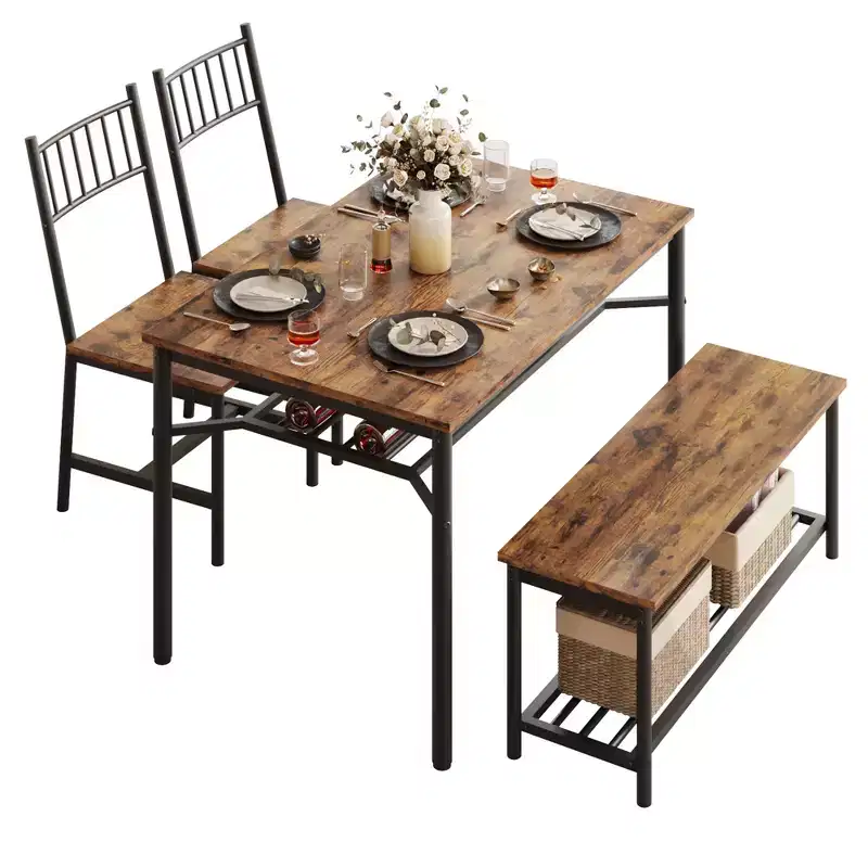 Kitchen Table Chairs Set of 4, Dining Table Set for 4 with Bench and Chairs, 4 Pieces Kitchen Table Set with Storage Rack for Small Space