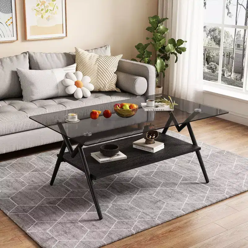 Modern 2-Tier Coffee Table with Tempered Glass Top & Sturdy Metal Legs, Center Accent Table with Open Shelf for Living Room