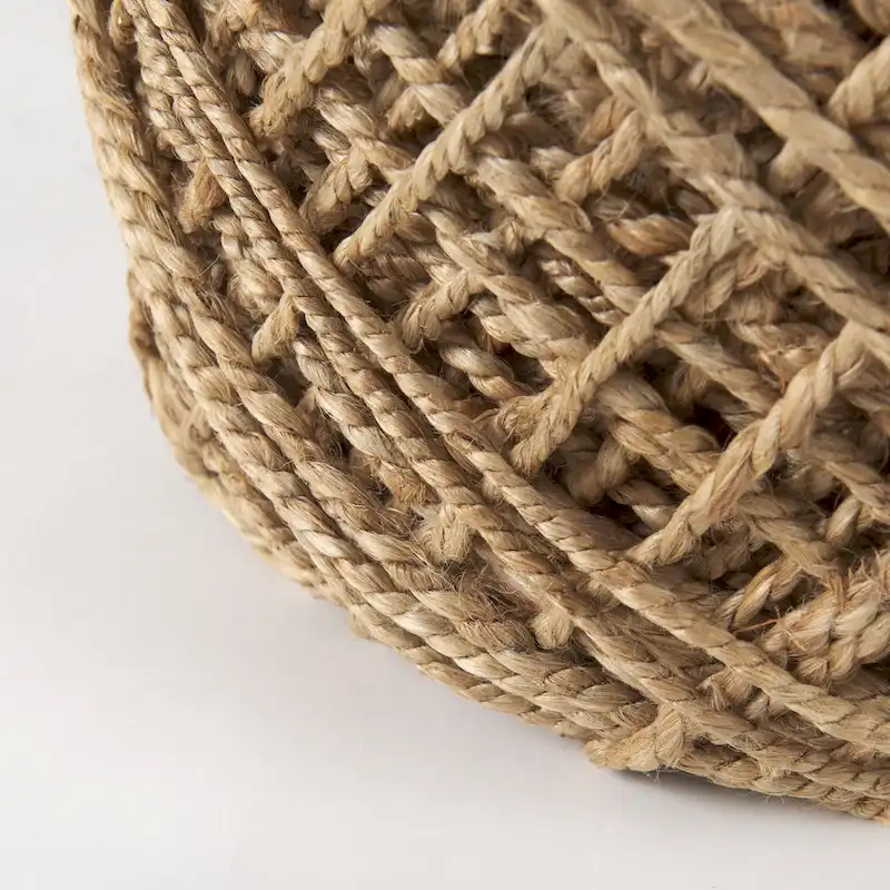 Handwoven Brown Wool Round Pouf with Diamond Weave Pattern