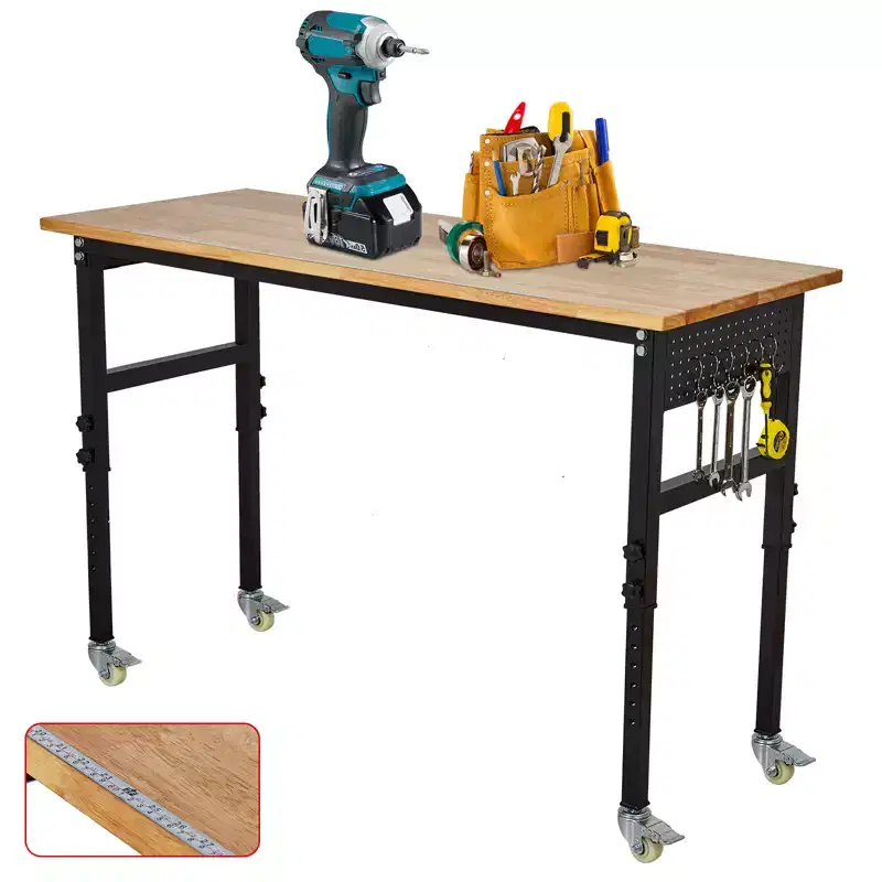 Heavy-Duty Automotive Tool Cart Steel Workbench with Rubber Wood Top Wheels and Pegboard