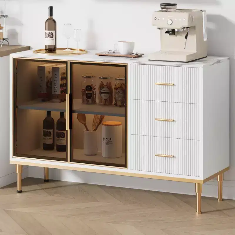 Buffet Sideboard Cabinet with Storage, 46.4 Inch Large Fluted Kitchen Sideboard Cabinet with 2 Glass Doors, 3 Drawers and Shelves