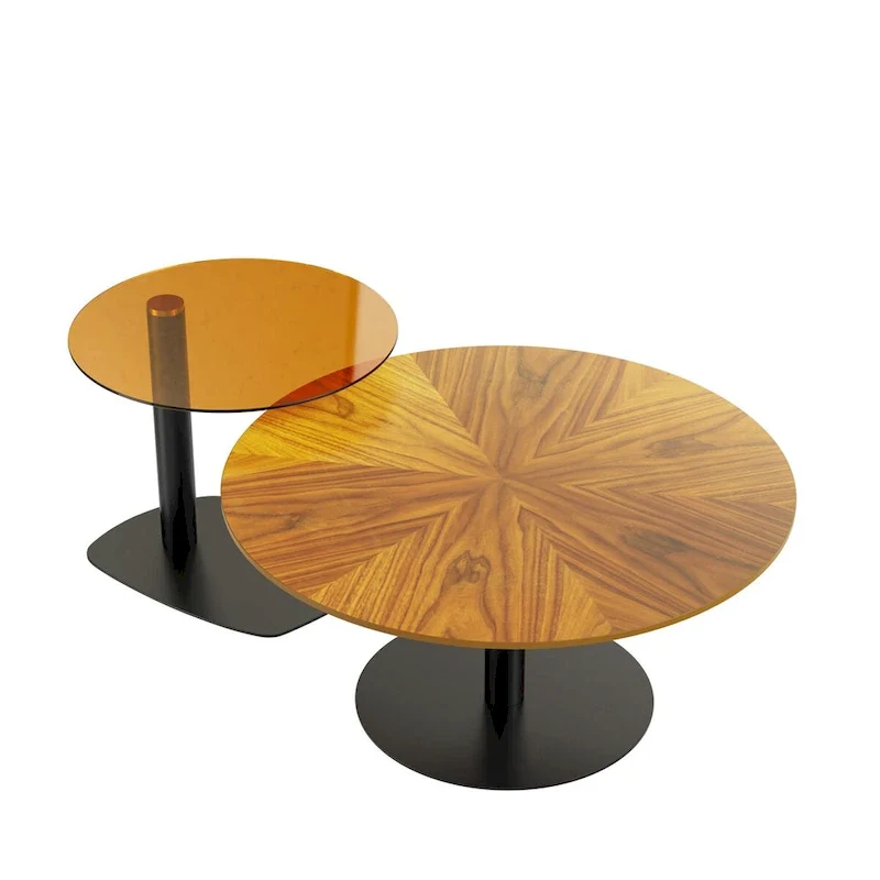 Set of 2 Modern Stacking Round Coffee Table Side Table Set with Slate Glass Top