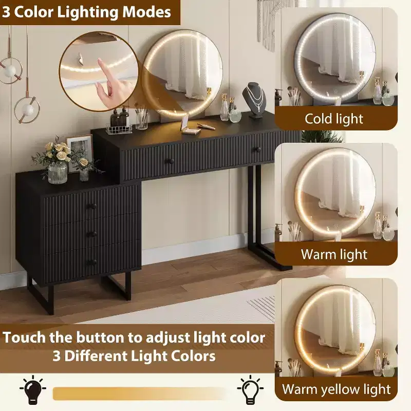 Vanity Desk with Mirror, Makeup Vanity with 5 Drawers, 3 Color LightsAdjustable Brightness