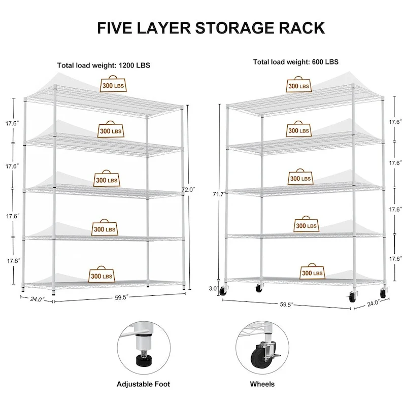 5 Tier Steel Heavy Duty Adjustable Shelves with Wheels and Feet