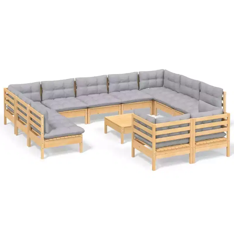 vidaXL Solid Pinewood Patio Lounge Set 12 Piece with Cushions Multi Colors - Brown and Gray