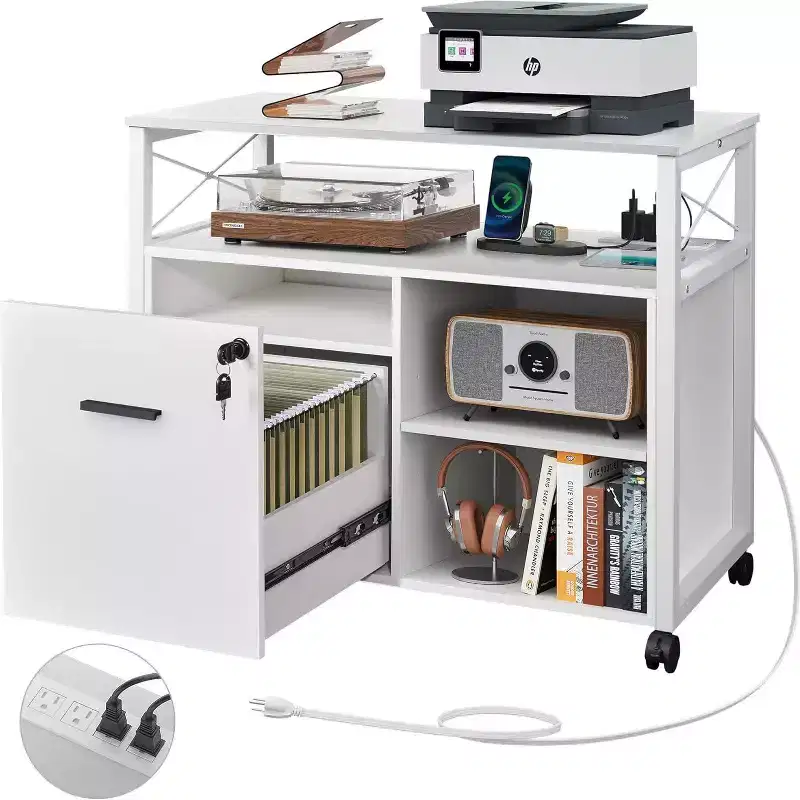 Lateral File Cabinet with Power Outlets, Locking Drawer and Rolling Casters, White