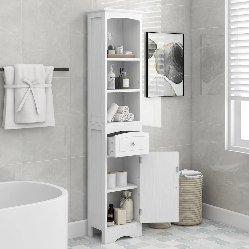 Modern White Bathroom Storage Cabinet with Adjustable Shelf,Drawer - 13.4L x 9.1W x 66.9H