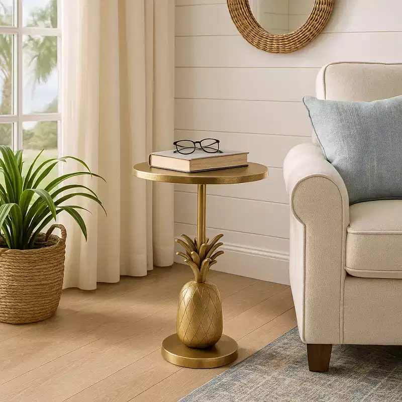 Unique End Table, Side Table, or Small Night Stand for Room Decor - Metal Bedside Table with Pineapple Base for Bedroom or Living Room