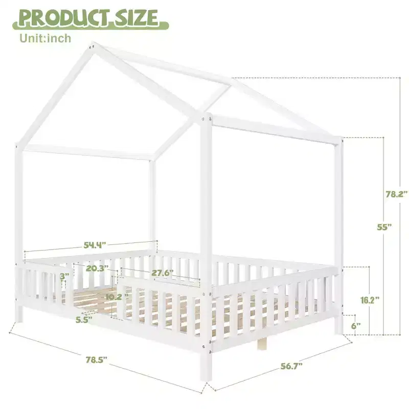 Luxystar Full Size Low House Shape Montessori Bed Frame With Curtains