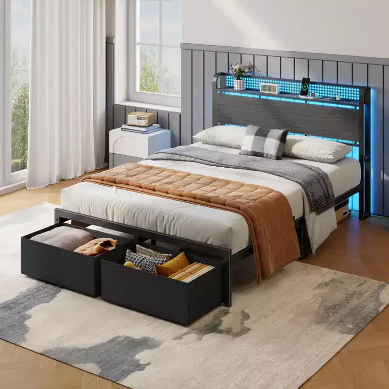 Full Size Platform Bed Frame 2 Storage Drawers Headboard LED Lights Charging Station Heavy Duty Metal Wood No Box Spring Needed Guest Bedroom USB