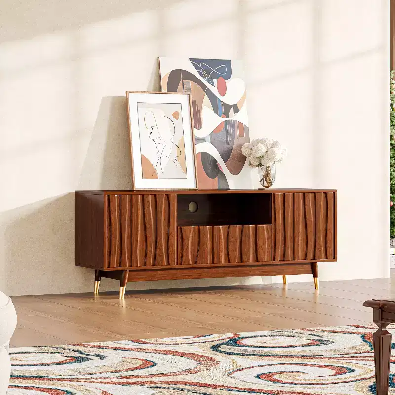 ATJafurn 55.1 Walnut Brown TV Stand with Drawer and Cabinet for 55 TVs, Mid Century Modern Entertainment Center with Open Shelf for Living Room
