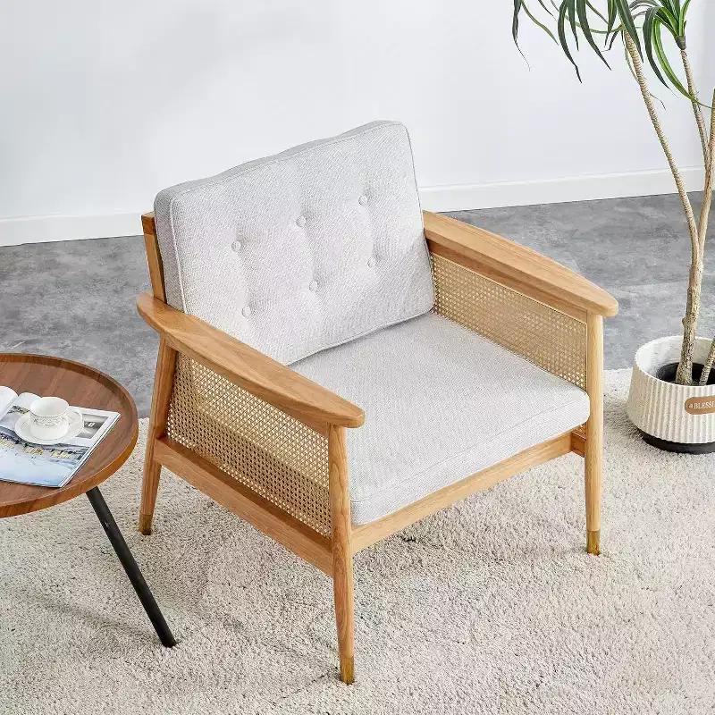 Accent Chair with Rattan Frame and Upholstered Seat