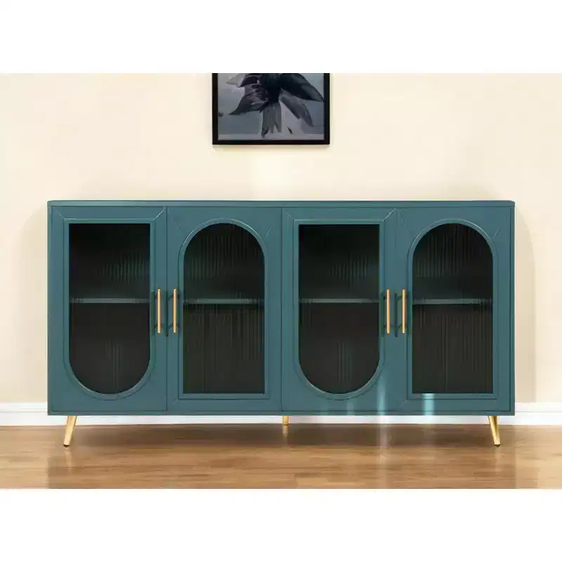HomeRoots 60 Teal Blue Ribbed Texture Sideboard with Four Doors