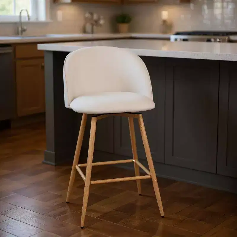 HomeRoots Set of Two 27 Beige and Oak Fabric and Metal Counter Height Swivel Bar Chairs