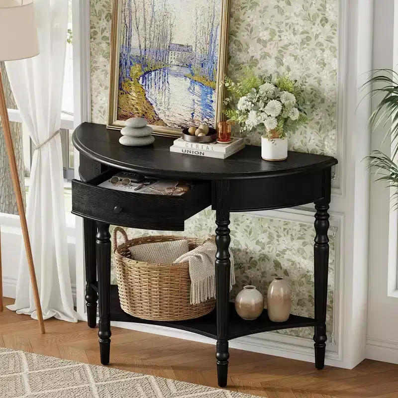 Half Moon Console Table with Drawer & Shelf