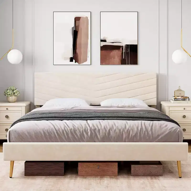 King/Queen/Full Size Bed Frame with Adjustable Headboard, Velvet Upholstered Platform Bed, Solid Wood Slats Support, No Box Spring Needed