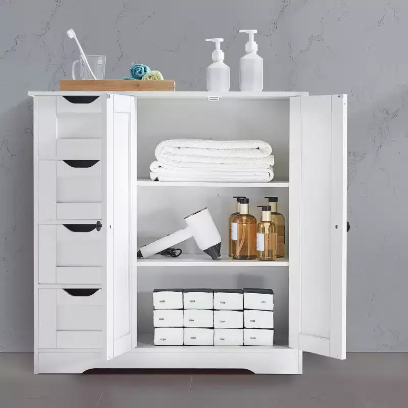 VEVOR Bathroom Floor Cabinet, 3-Tier, Wooden Storage Organizer with 2 Doors, 4 Drawers and Adjustable Shelf,for Kitchen/Living Room/Entryway Use,White