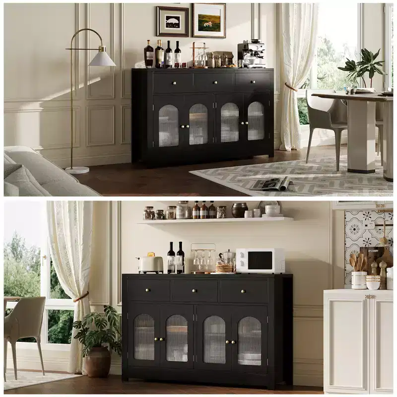 Large Buffet Sideboard Cabinet – 4 Doors, 3 Drawers & Adjustable Shelf, White/Black