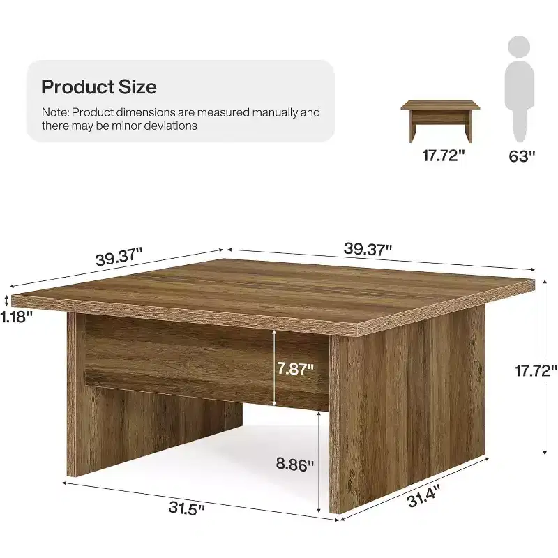 Lantine Square Coffee Table, 39.4-Inch Farmhouse Cocktail Tea Center Table for Living Room, Rustic Brown