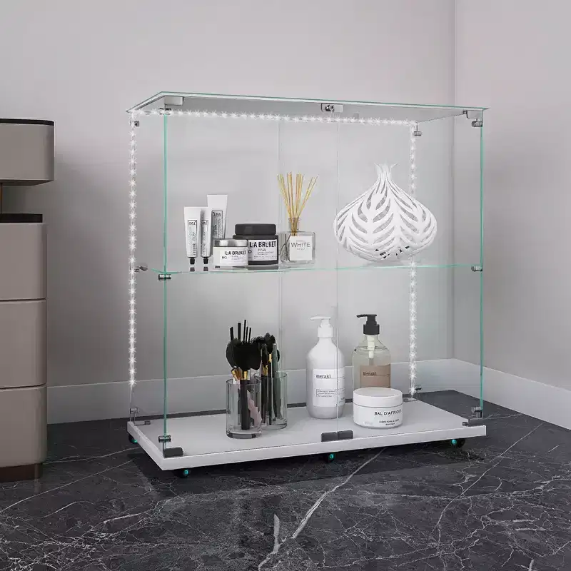 MAYEERTY Tempered Glass Display Cabinet Wine Storage File Cabinet Bluetooth Light Strip Lockable Swivel Casters Living Room Bedroom Office White
